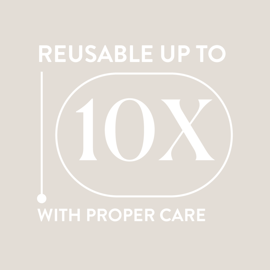 Text on a beige background indicating product reuse with proper care.