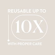 Text on a beige background indicating product reuse with proper care.