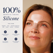 Woman wearing a silicone patch on her face with product features listed on the left.