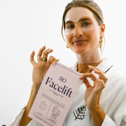 Woman wearing face lifting patches holding a 'SIO Facelift' product package.