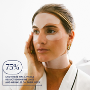 Woman wearing neck cream patches with a visible reduction in fine lines and wrinkles on her neck.