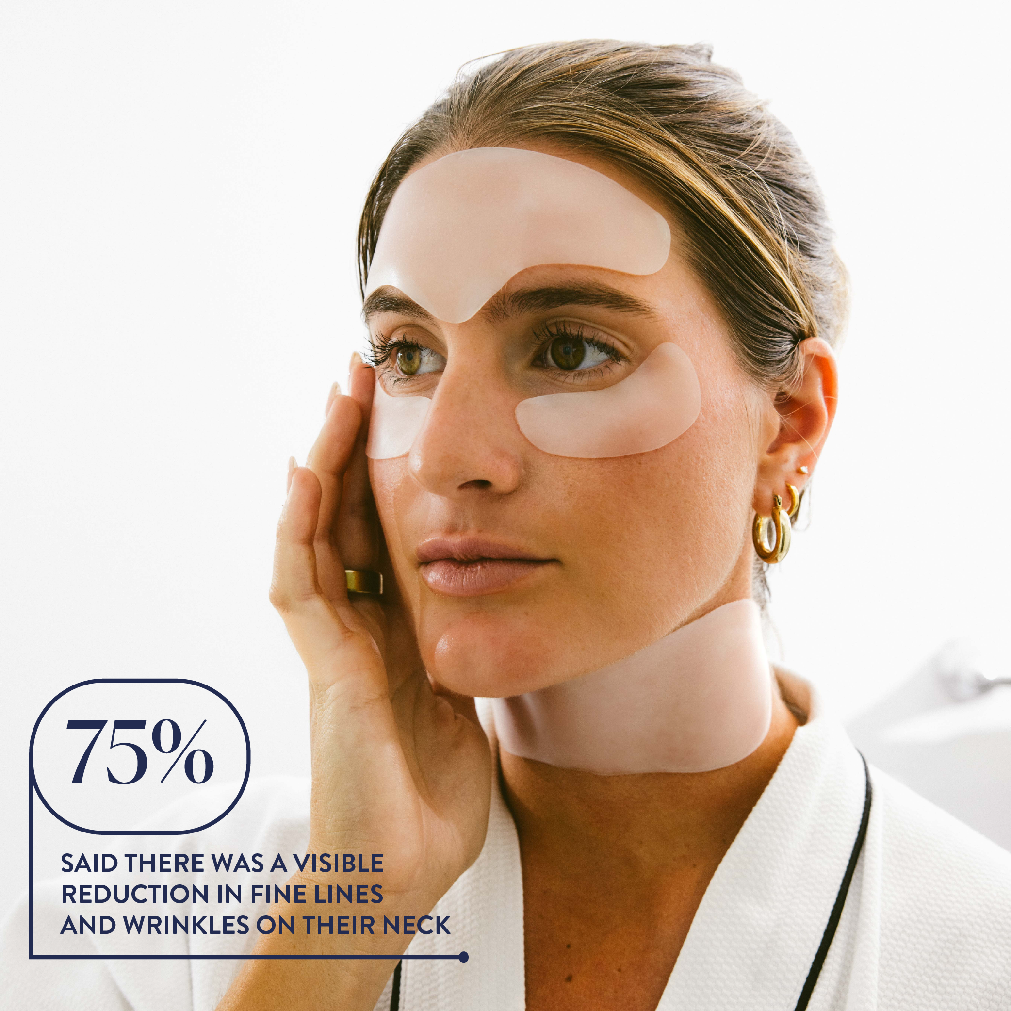 Woman wearing neck cream patches with a visible reduction in fine lines and wrinkles on her neck.
