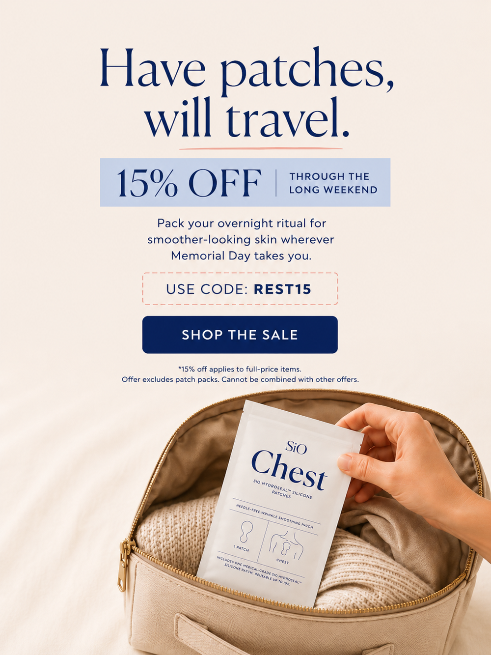 Promotional advertisement for Sia Chest patches with a hand placing a packet into a bag, set against a light background.