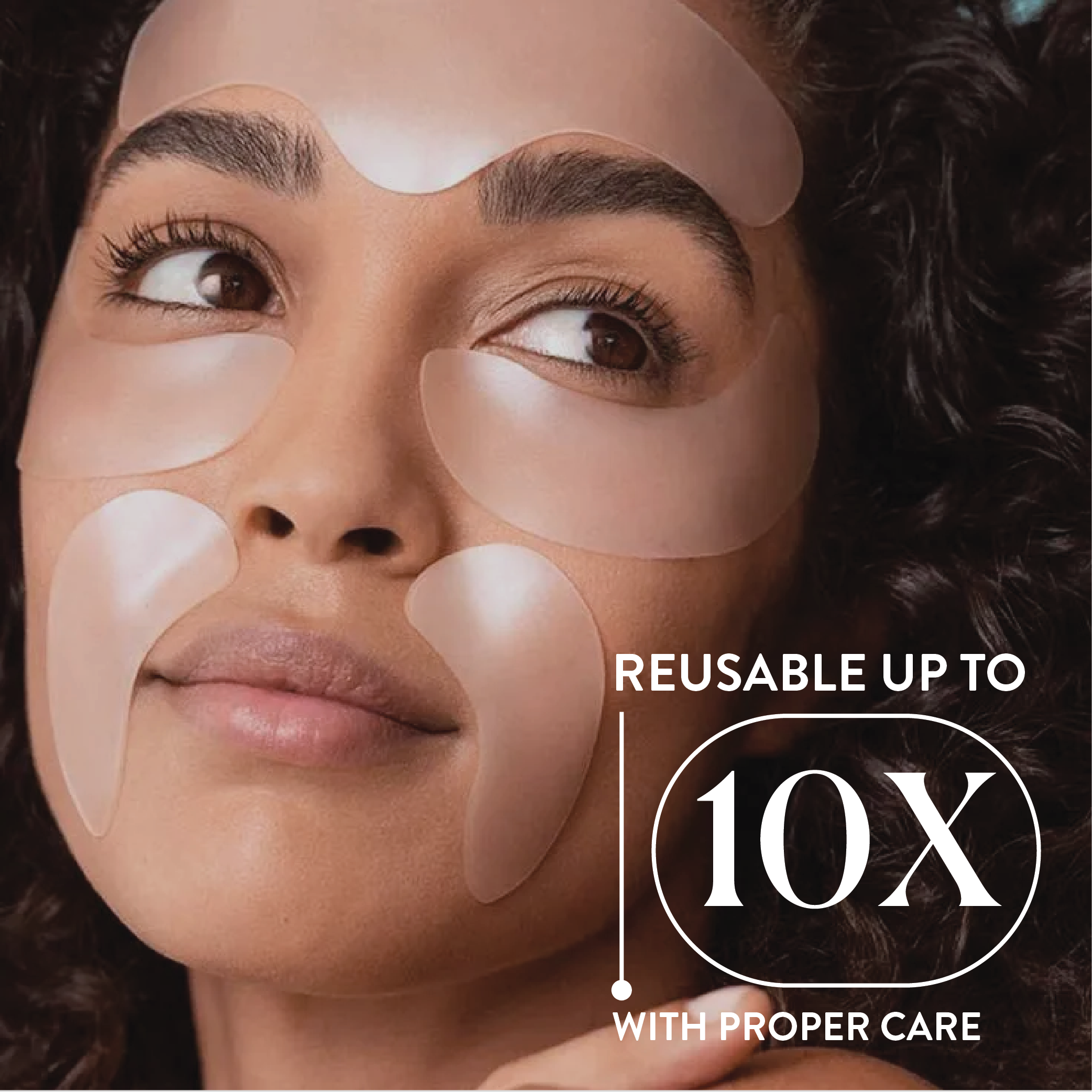 Woman wearing eye patches with text indicating reusable up to 10 times with proper care.