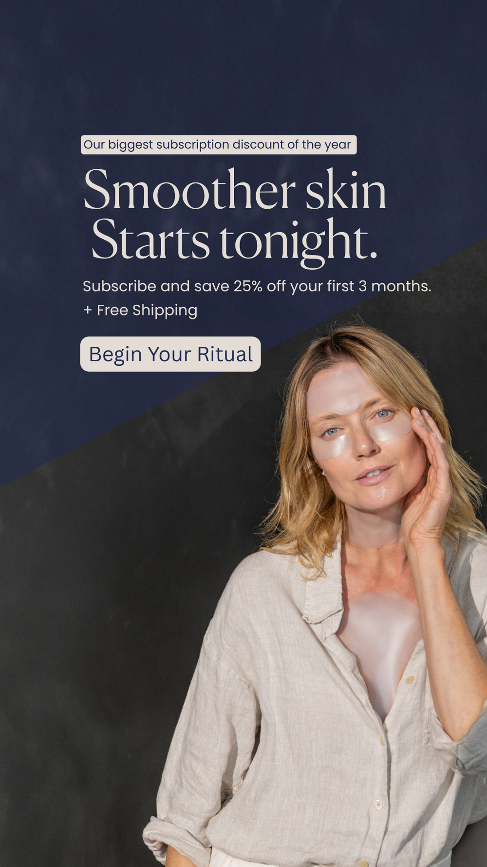 Woman applying skincare product with promotional text for a subscription service on a dark background