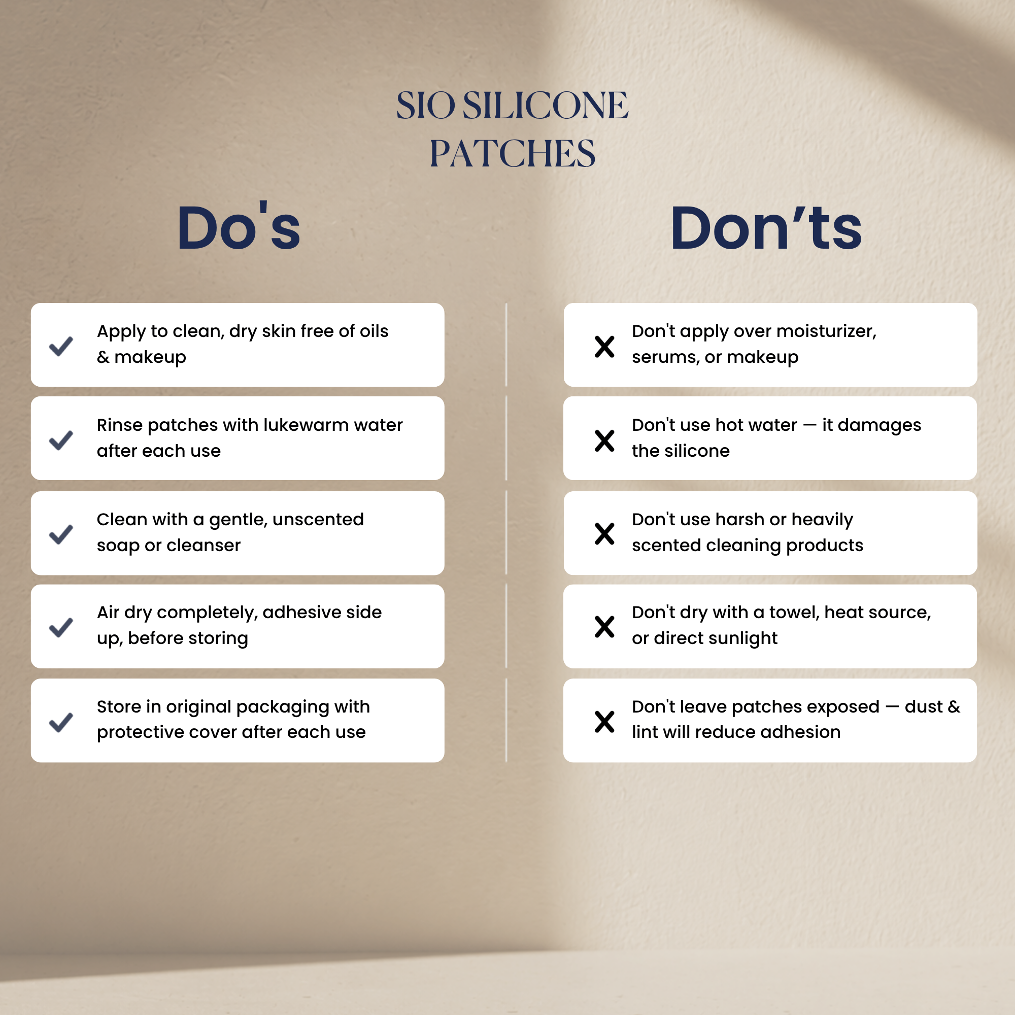 Instructions for using silicone patches on a beige background