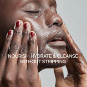 SiO Hydrating Facial Cleanser with hyaluronic acid and ceramides, gentle hydrating face cleanser for dry and sensitive skin. Women rubbing cleanser on her face.