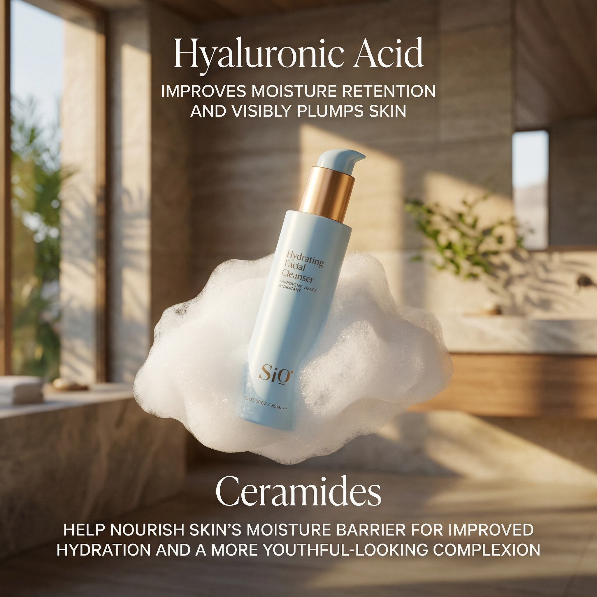 SiO Hydrating Facial Cleanser with hyaluronic acid and ceramides in foam, gentle hydrating face cleanser for dry and sensitive skin in luxury bathroom setting
