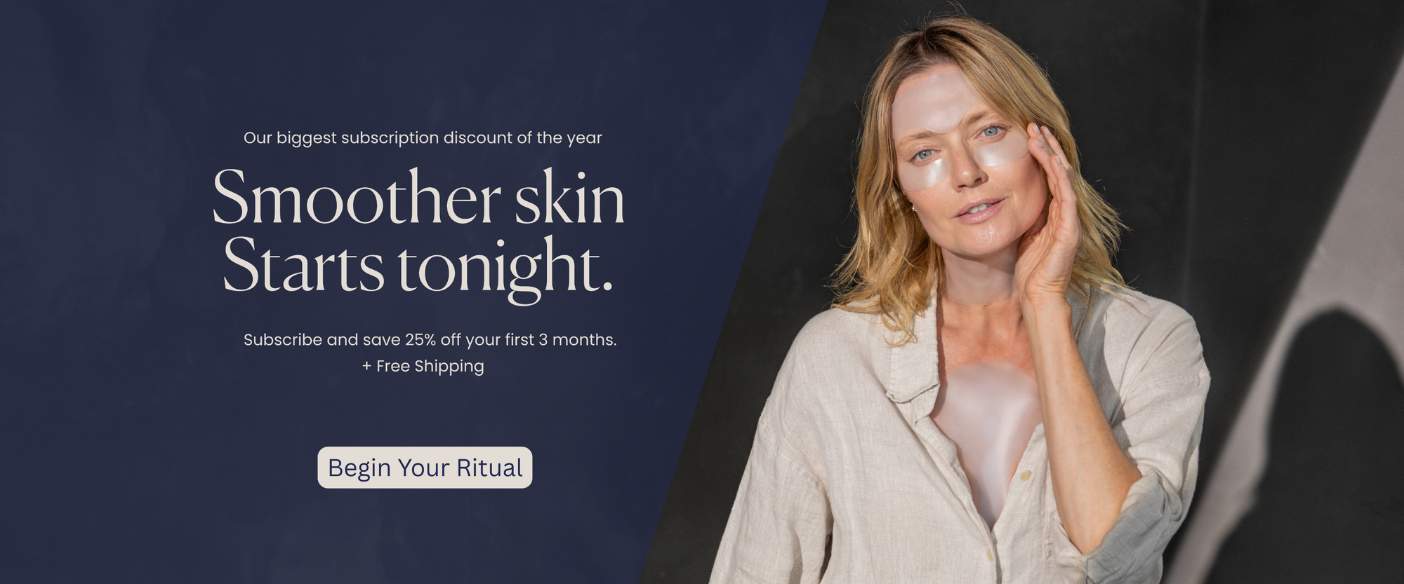 Woman with smooth skin touching her face, promotional text for a skincare subscription service.