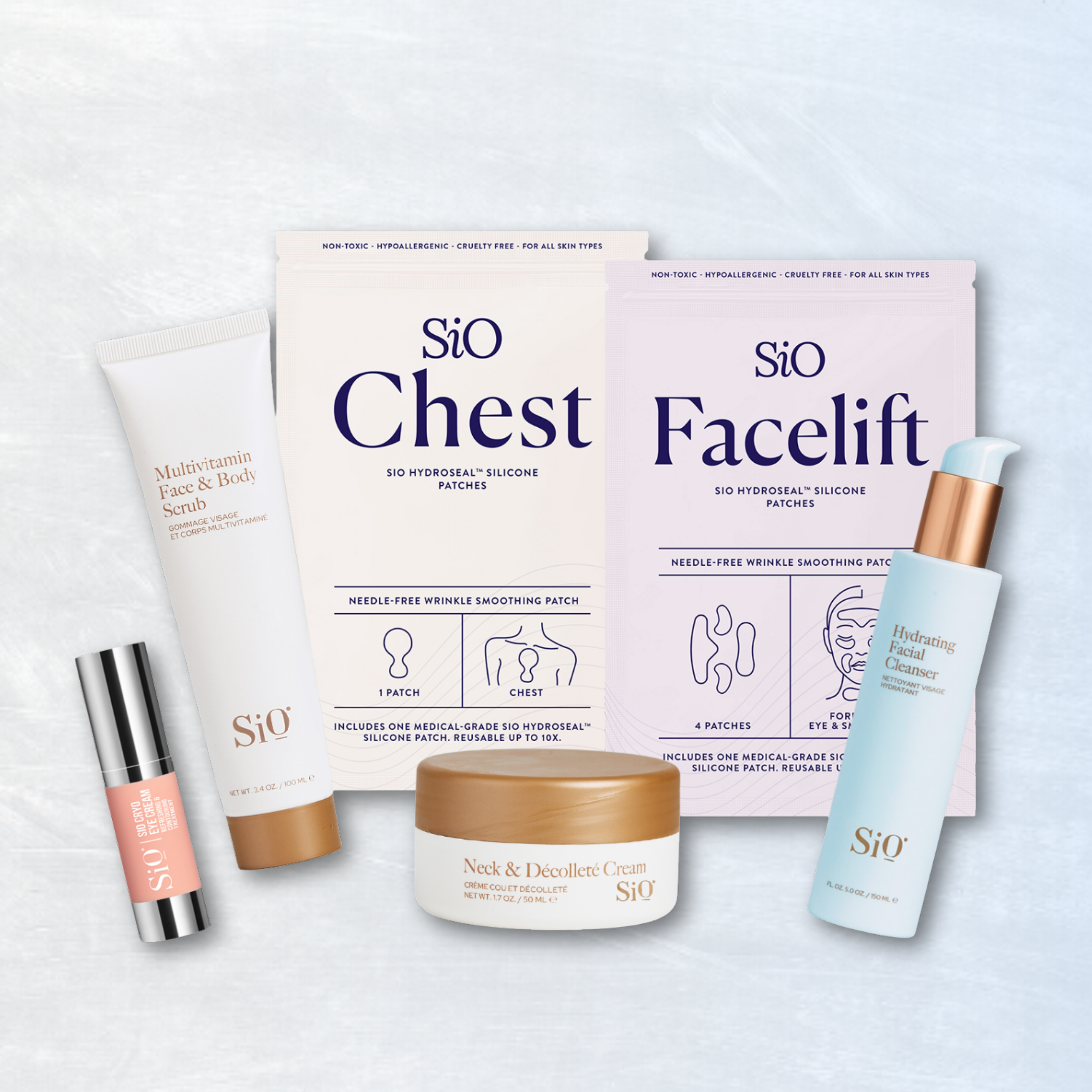 Collection of Sio skincare products including face scrub, chest patch, facelift patch, neck cream, and facial cleanser on a light gray background.