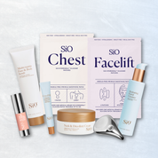 Collection of Sio skincare products on a light gray background