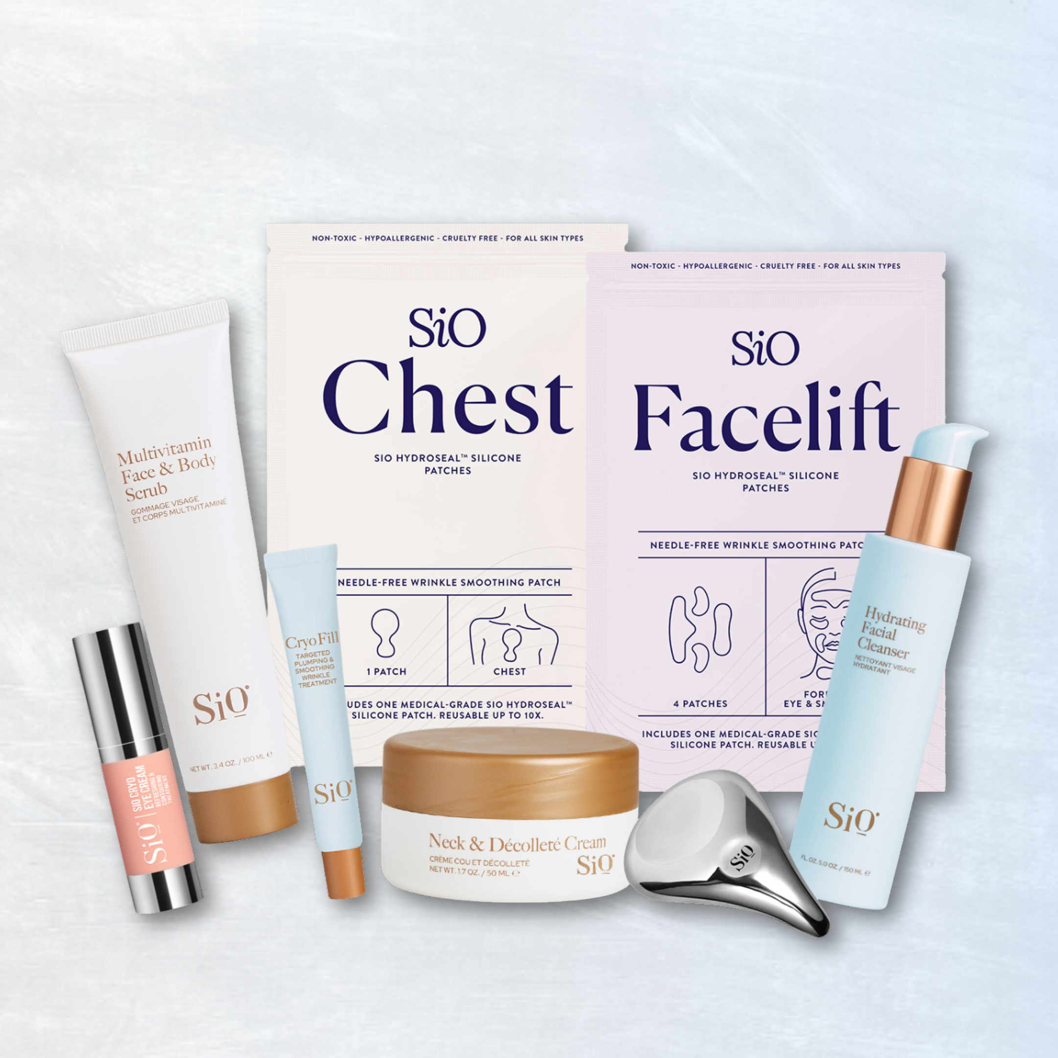 Collection of Sio skincare products on a light gray background