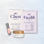 Sio skincare products including chest and facelift patches, cream, and serum on a light background