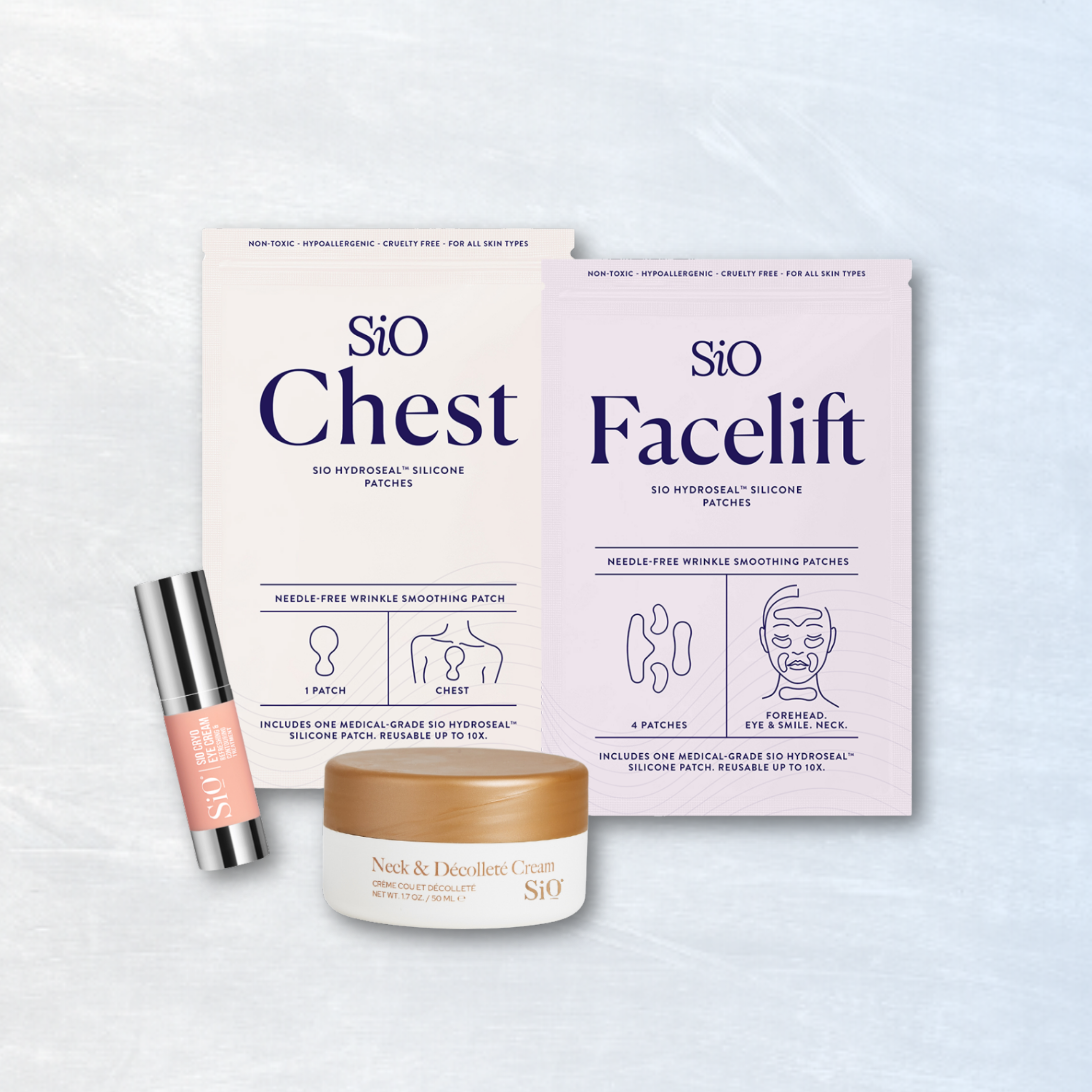 Sio skincare products including chest and facelift patches, cream, and serum on a light background