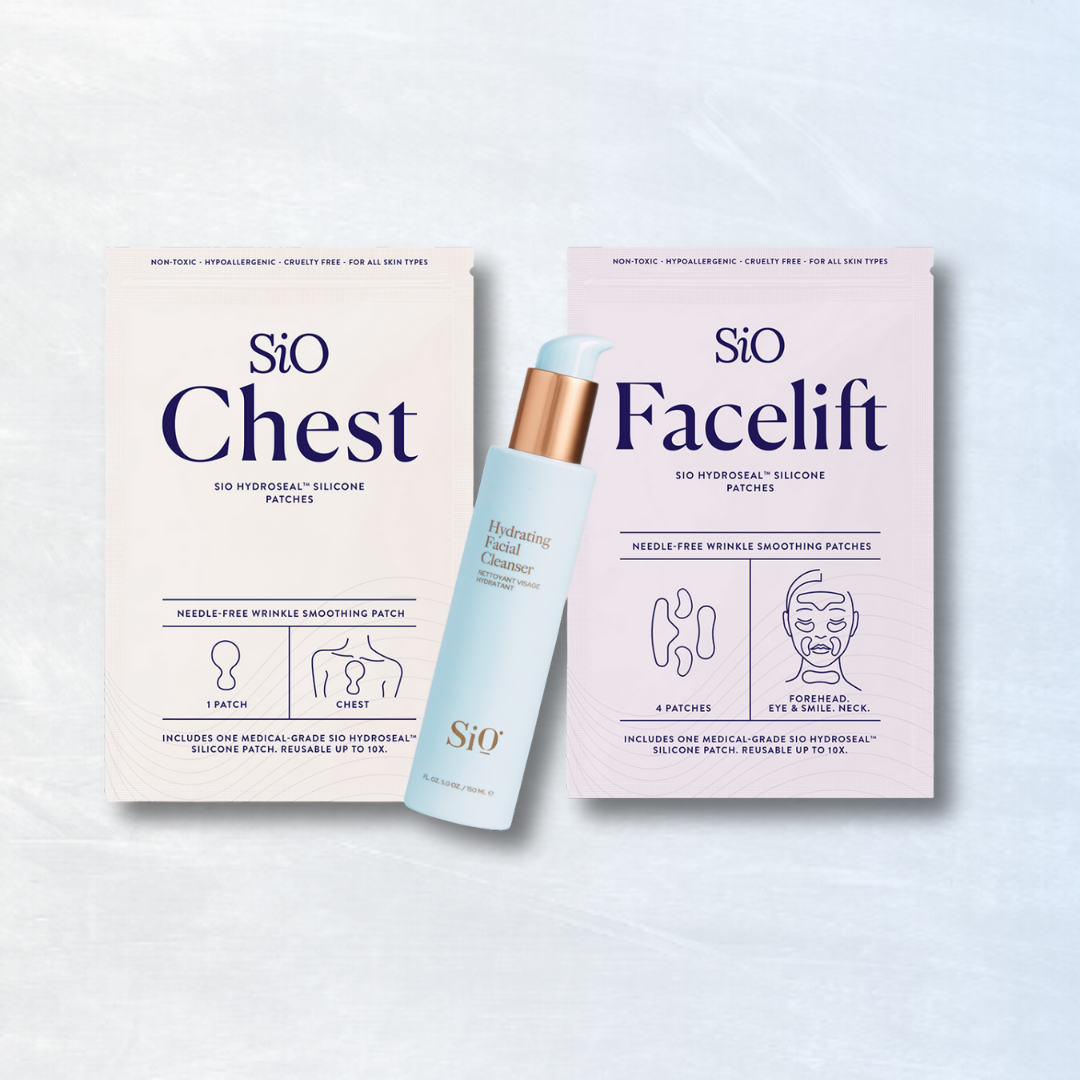 SIO Chest and Facelift skincare products on a light gray background