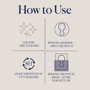 SIO Beauty Chest Hydroseal patch instructions: cleanse & dry skin, remove adhesive & apply, leave on up to 8 hours, remove, rinse & store.