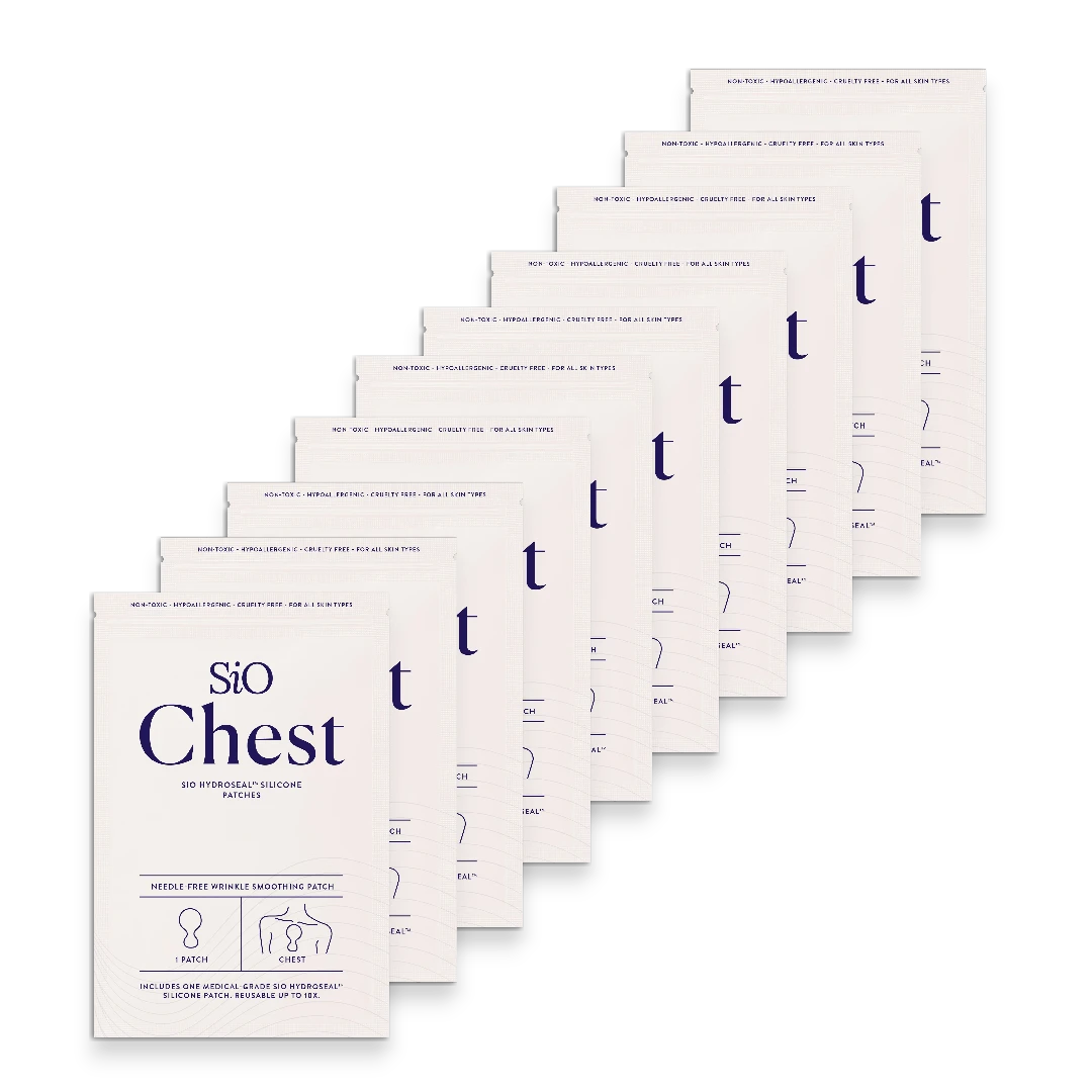 SIO Beauty Chest Hydroseal™ Silicone Patches for wrinkle smoothing. Reusable, non-toxic, hypoallergenic, cruelty-free for all skin types.
