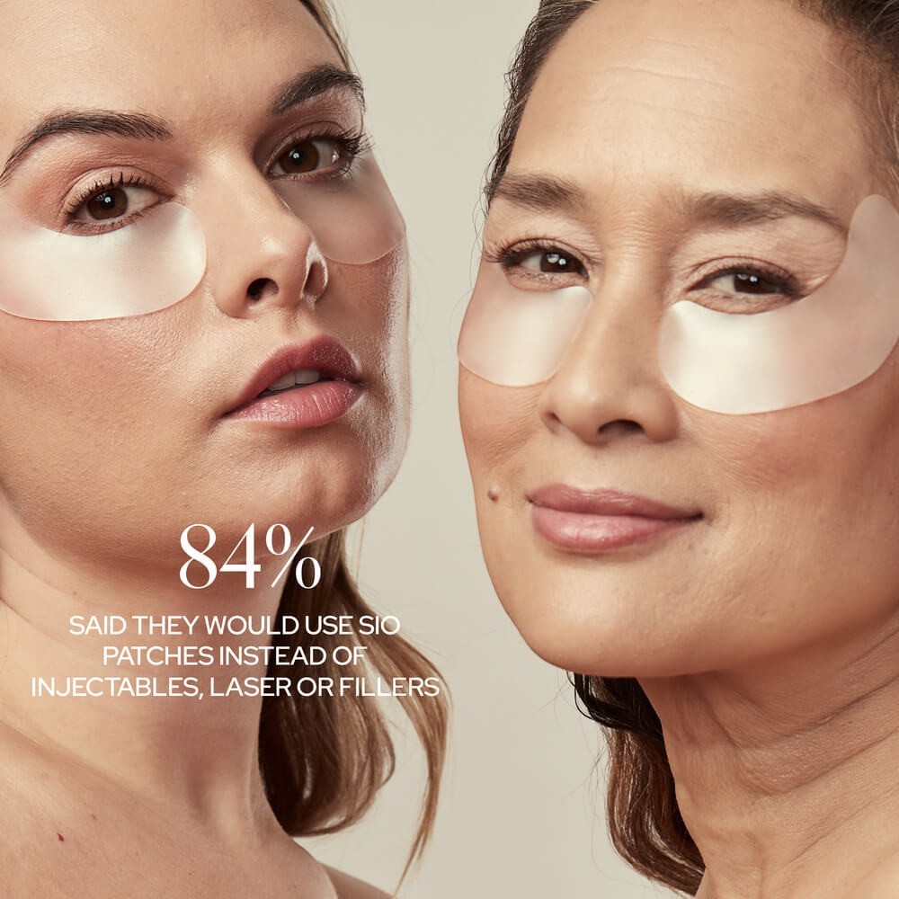 SIO Beauty women wearing clear silicone under-eye patches to smooth wrinkles overnight.