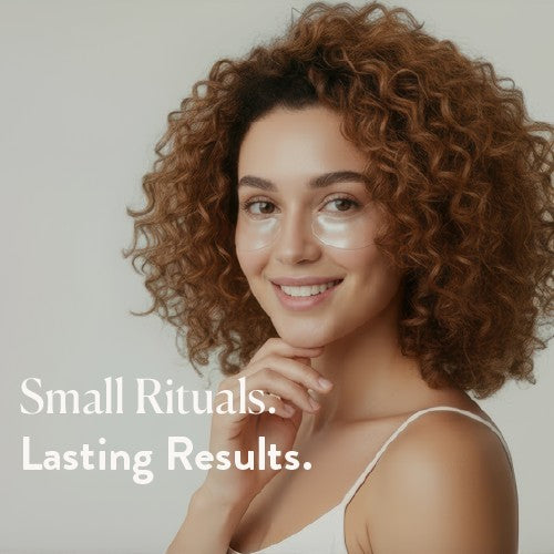 SIO Beauty Eye & Smile Hydroseal™ Patches on a smiling woman with curly hair, reducing wrinkles.