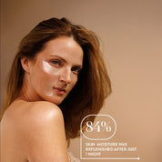 SIO Beauty Eye & Smile Hydroseal™ Patches on a woman's face, made from clear silicone to reduce wrinkles and hydrate skin.