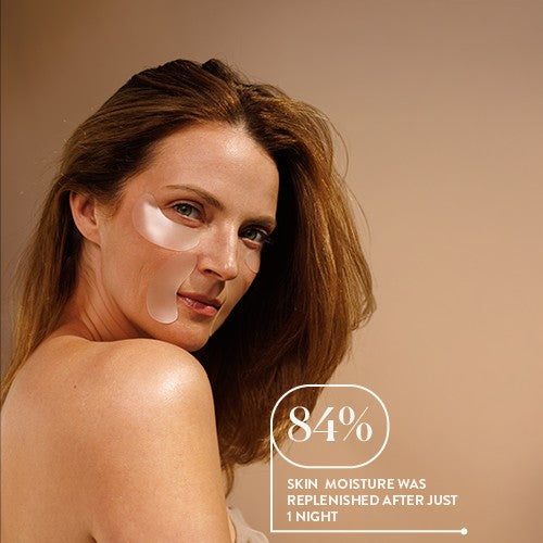 SIO Beauty Eye & Smile Hydroseal™ Patches on a woman's face, made from clear silicone to reduce wrinkles and hydrate skin.