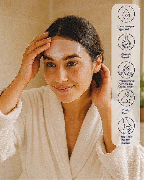 SIO Beauty Forehead Hydroseal patch made of medical-grade silicone, applied to a woman's forehead to smooth wrinkles.
