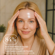 SIO Beauty clear silicone forehead patch smoothing expression lines on a woman with blonde hair wearing a robe.