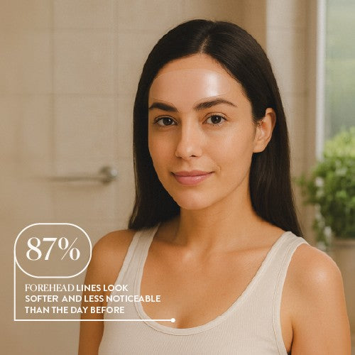 SIO Beauty Forehead Hydroseal patch on a woman's forehead, designed to smooth expression lines and frown lines.
