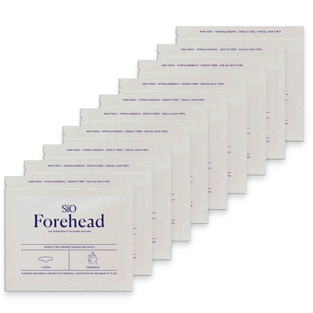 SIO Beauty Forehead Hydroseal™ silicone patches for wrinkle smoothing. Reusable, non-toxic, hypoallergenic, cruelty-free.