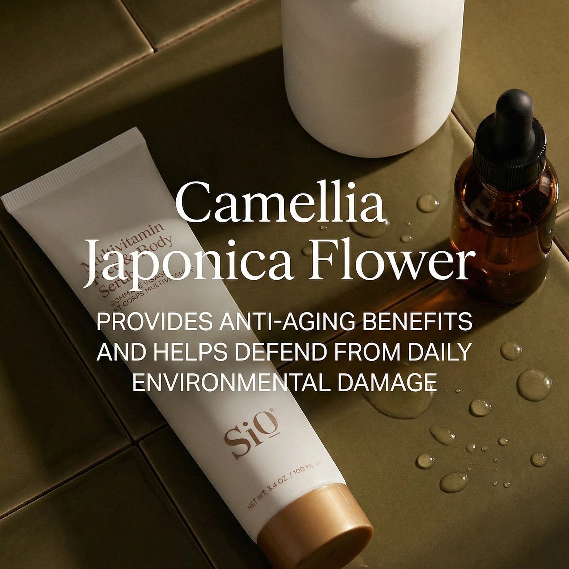 SIO Beauty Multivitamin Face & Body Scrub tube with gold cap, featuring vitamins A, C, E, and Provitamin B5.