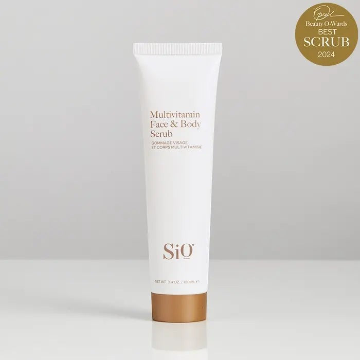 SIO Beauty Multivitamin Face & Body Scrub tube with a gold cap, featuring a 'Best Scrub 2024' award badge.