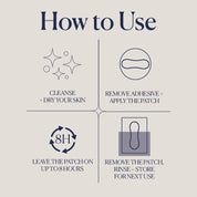 SIO Beauty Neck Hydroseal patch instructions: cleanse & dry skin, remove adhesive & apply, leave on for 8 hours, remove, rinse & store.