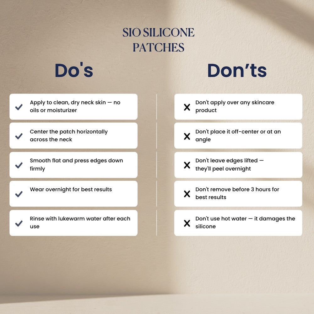 SIO Beauty Neck Hydroseal Patch application guide showing do's and don'ts for medical-grade silicone skincare