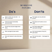 SIO Beauty Neck Hydroseal Patch application guide showing do's and don'ts for medical-grade silicone skincare