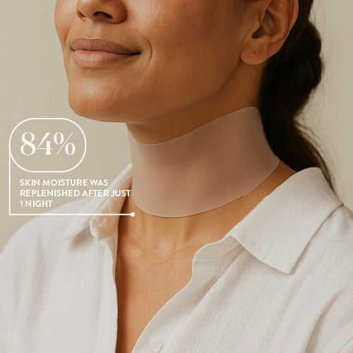 SIO Beauty reusable silicone neck patch for wrinkle treatment and hydration, shown on a woman.