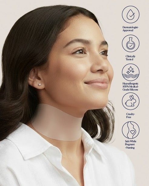 SIO Beauty reusable neck patch made of medical-grade silicone to treat wrinkles and tech neck. Beige colour.
